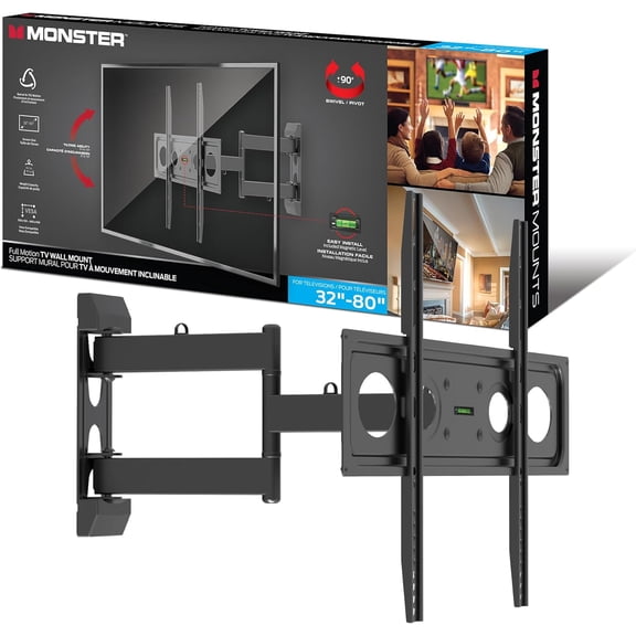 Monster Full Motion TV Mount for 32”-80” TVs up to 88 Lbs., Flat Panel Swivel & Tilt Television Mount, Heavy Gauge Steel Construction, Tilts 5° - -15°, 90° Swivel