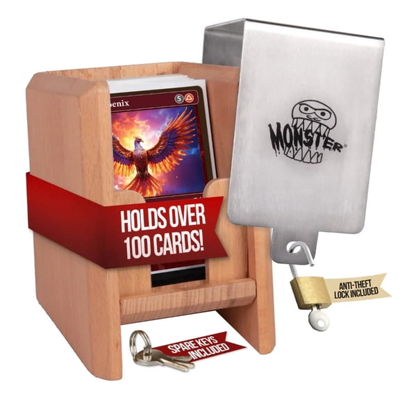 Monster Guillotine Wooden Deck Box -Trading Card Case w/Anti-Theft Lock & Key Metal Closure -Holds 100 Sleeved TCGs- Compatible w Yugioh, Magic The Gathering, Pokemon