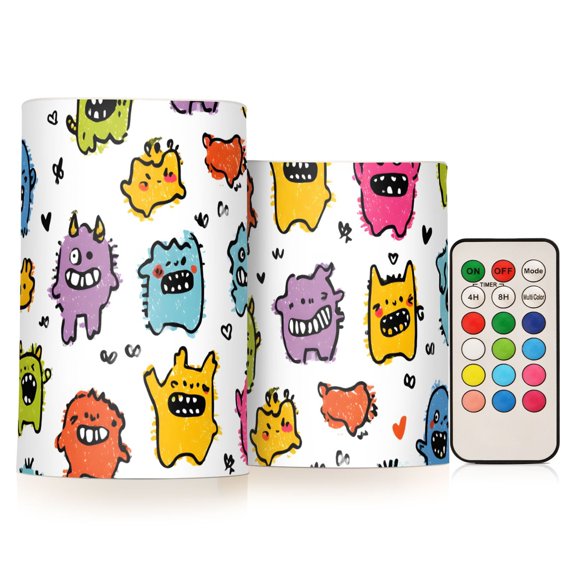 Monster Hand Drawn Flickering Flameless Candles Battery Operated with Remote Timer LED Pillar Candles Set of 2