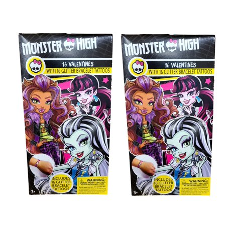 Monster High 32 Valentines With 32 Glitter Bracelet Tattoos Valentine's Day Classroom