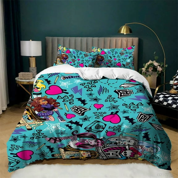 Monster High Bedding Set 3 Pieces Soft Breathable Duvet Cover Set All Season Cartoon Quilt Cover with 2 Pillow Shams
