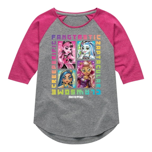 Monster High - Clawsome, Fangtastic, Creeperific & Zapptacular - Toddler & Youth Girls Raglan T-Shirt