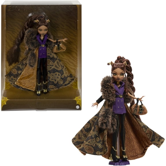 Monster High Doll, Clawdeen Wolf House of Wolf Collectible with Faux Fur Jacquard Coat, Purple Blazer Dress, Pantaboots and Golden Accessories