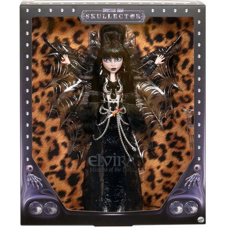 Monster High Doll, Elvira, Mistress of The Dark Collectible in Black Faux  Leather Dress with Silvery Batwing Cape and Premium Accessories