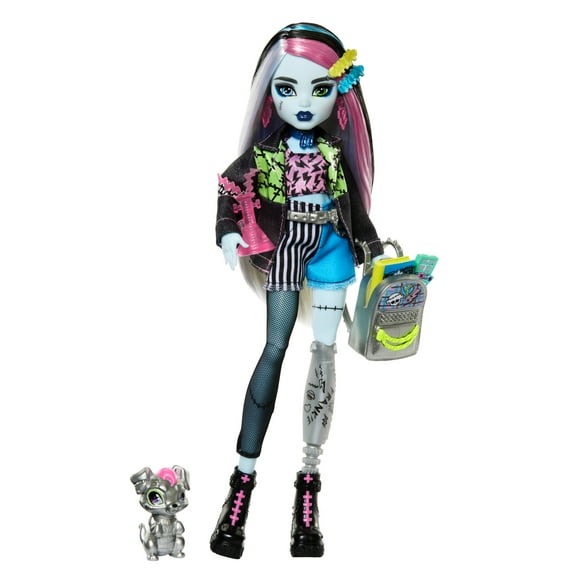 Monster High Frankie Stein Fashion Doll in Denim Jacket with Pet Watzie, Backpack & Accessories