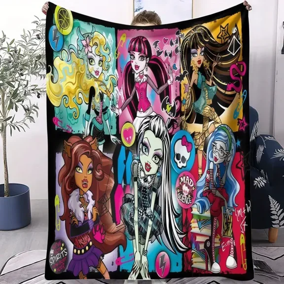 Monster High Ghouls Collage Flannel Blanket - 2000s Retro Cartoon Scene Throw, Dark Gothic Cute Character Design, Soft Durable Comfort, Aesthetic Room Decor for Nostalgia fans