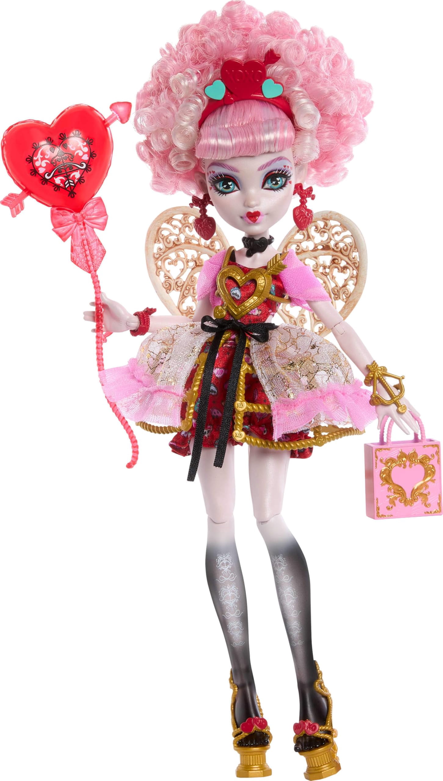 Monster---High Scary Sweet Birthday Doll, Cupid Asteria in Pink and Red Party Dress with Themed Accessories Like Invite, Balloon, Gift and More