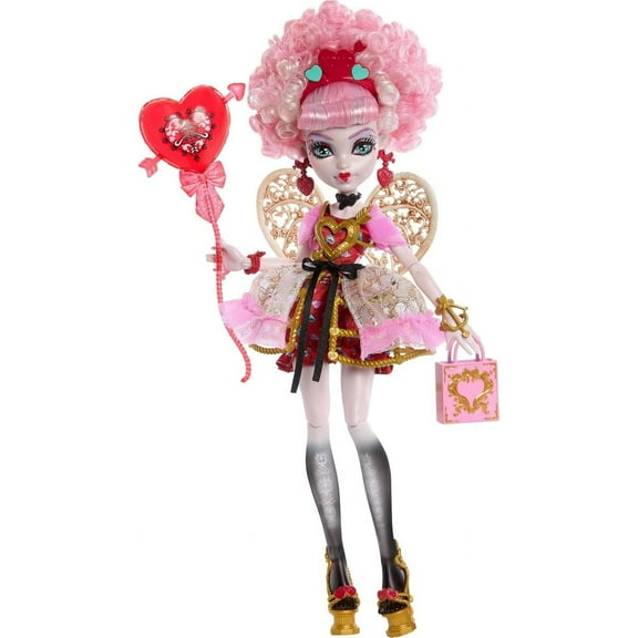 Monster---High Scary Sweet Birthday Doll, Cupid Asteria in Pink and Red Party Dress with Themed Accessories Like Invite, Balloon, Gift and More