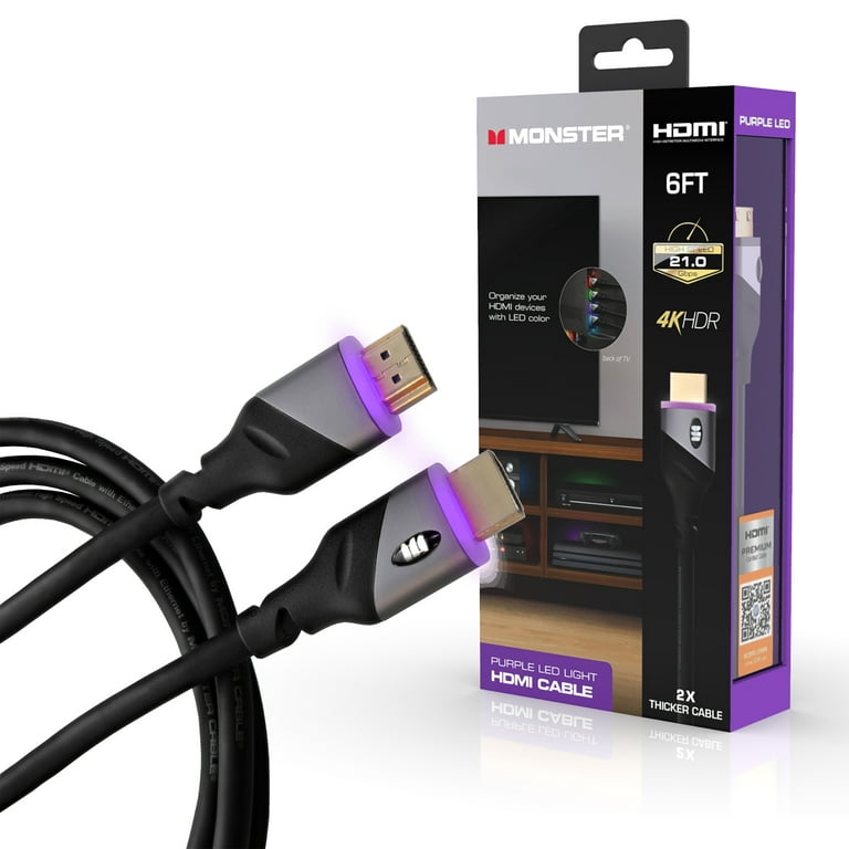 Monster High Speed 4K HDR HDMI Cable with Built-in Purple LED Light - 6ft