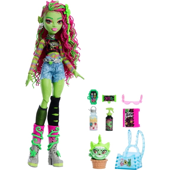 Monster High Venus McFlytrap Doll, Plant Monster with Pet Cat Chewlian & Accessories like Backpack, Notebook, Snacks & More BE18
