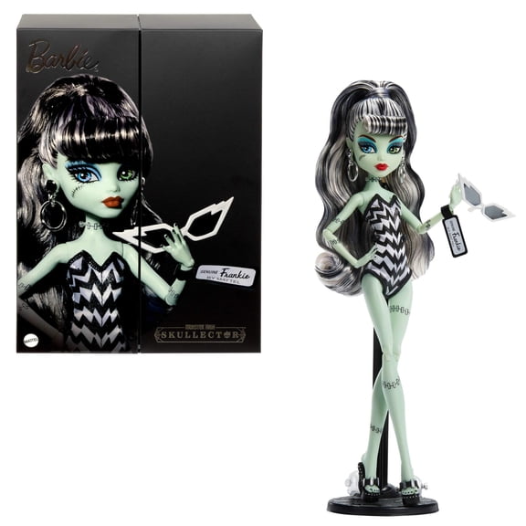 Monster High x Barbie Frankie Stein Doll with Original Barbie-Inspired Swimsuit and Solo in The Spotlight Black Evening Dress and Accessories