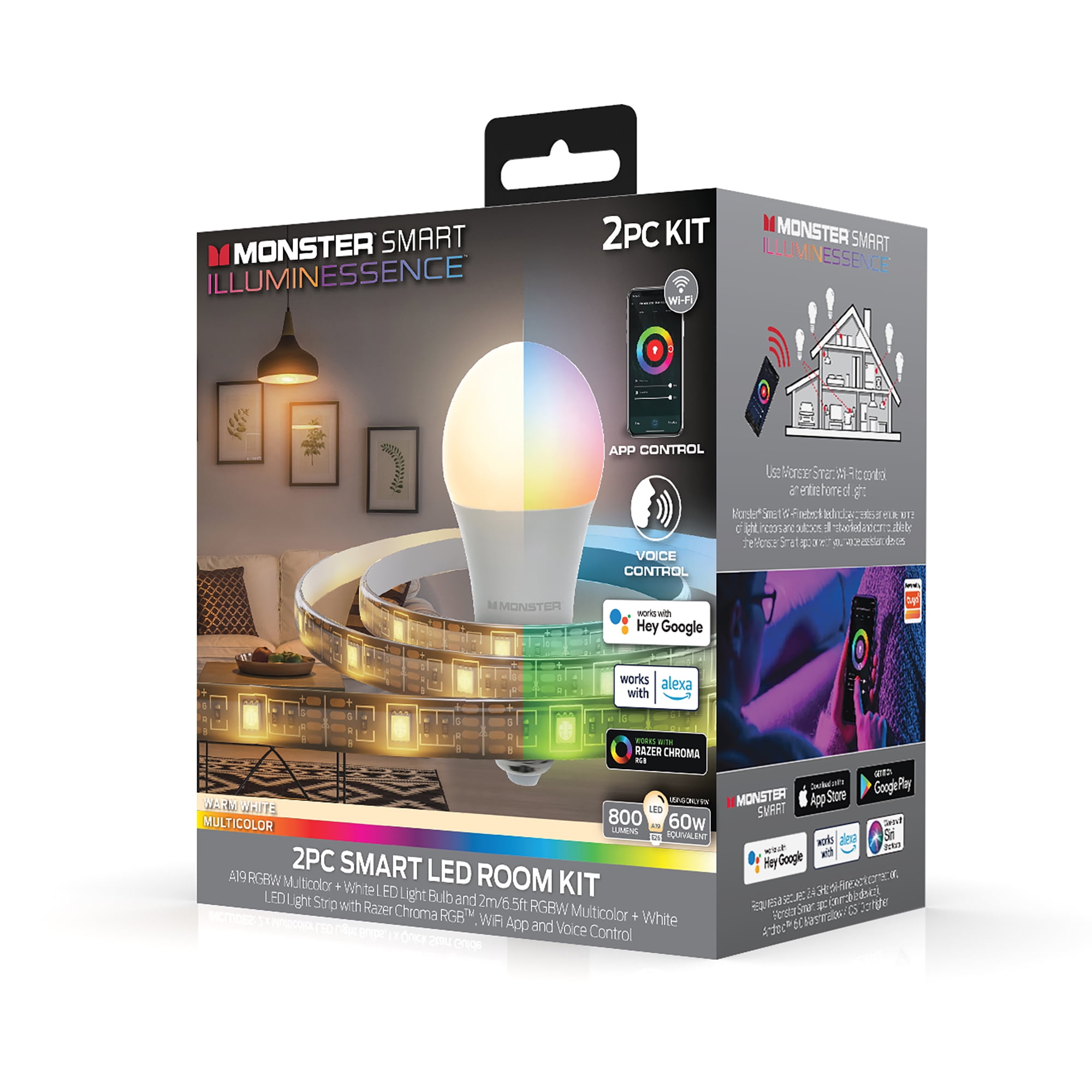 Monster Illuminessence LED Room Kit - Multi-Color/White Smart Bulb, 6.5ft Light Strip, 10 Watts, A19 Bulb Base