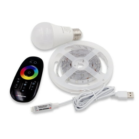 Monster Illuminessence Small Space LED Lighting Kit With RGB 6.5ft LED Light Strip RGB E26 Edison Screw 5V 7 Watt Light Bulb and Premium RF Touch Remote That Controls All Lights at The Same Time