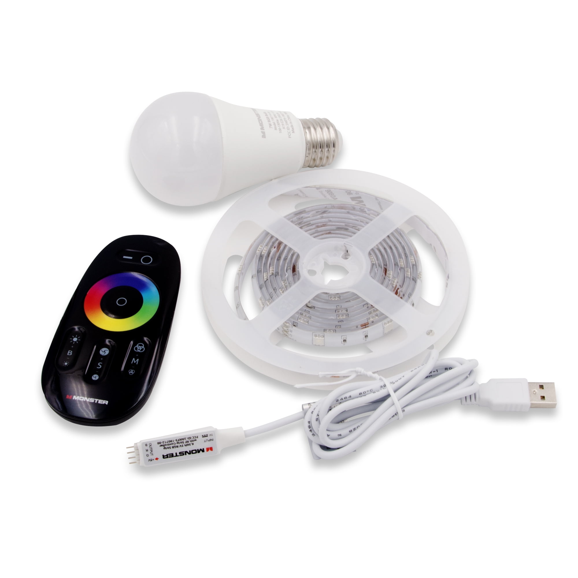 Monster Illuminessence Small Space LED Lighting Kit With RGB LED Light Strip RGB E26 Edison Screw 5V 7 Light and Premium RF Touch Remote That Controls All Lights at