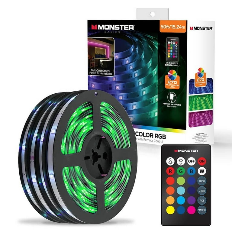 Monster, Indoor LED Light Strip, 50ft RGB Peel-and-Stick, 270 LEDs