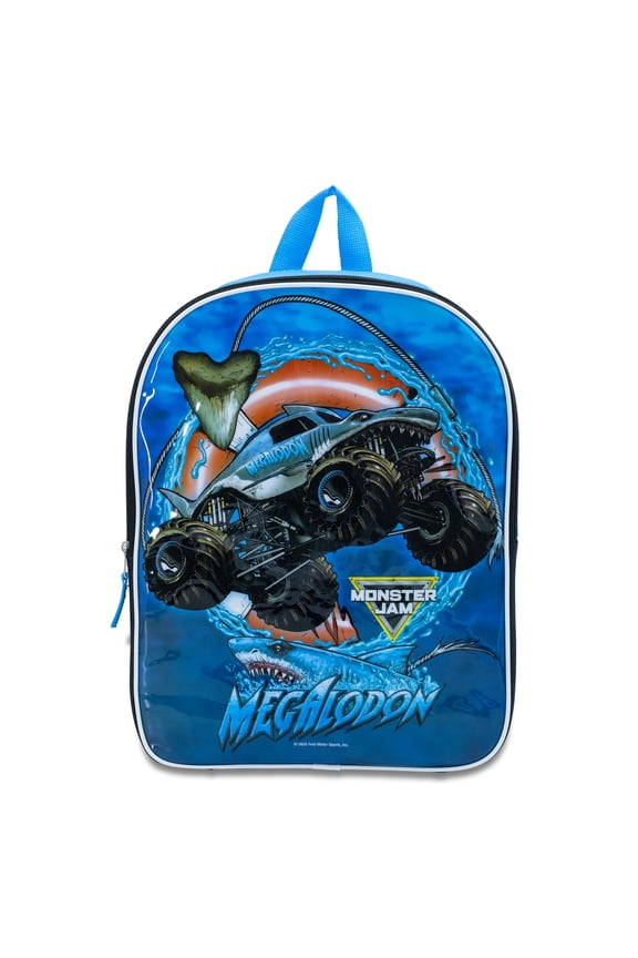 Monster Jam 15" Backpack with Padded Straps & Zip Compartment - Ideal Toddler Bookbag for School & Travel - Megalodon