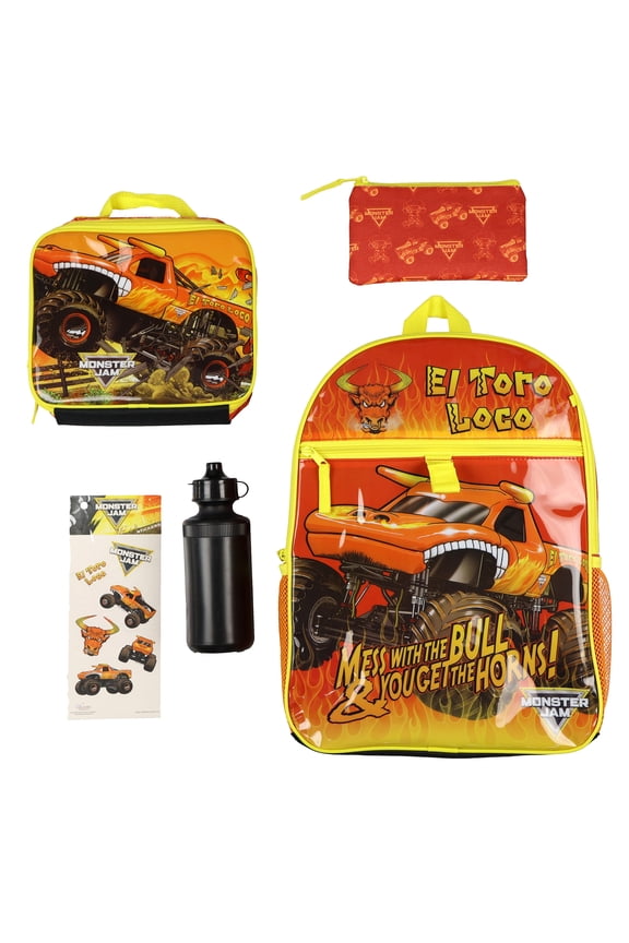 Monster Jam 16" Backpack El Toro Loco 5-Piece Set with Insulated Lunch Box