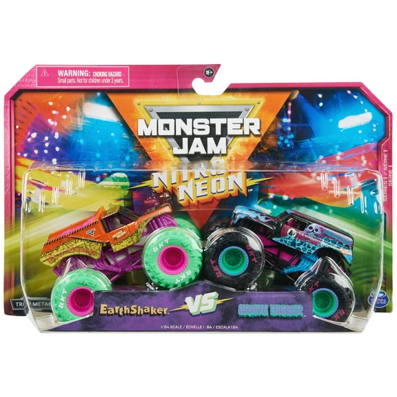 Monster Jam, 2-Pack Neon 1:64 Nitro Monster Trucks, Earth Shaker Vs. Grave Digger