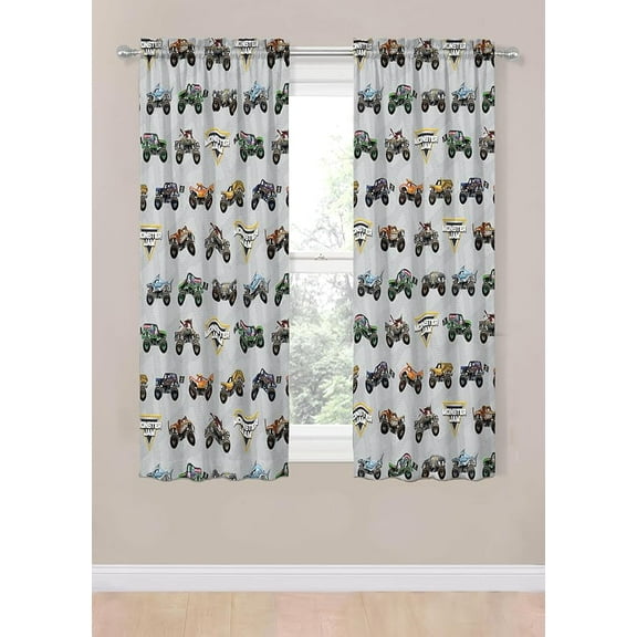 Monster Jam 4 Life 2 Panel Curtain Set. 63 Inch Long - Boys Bedroom Accessories