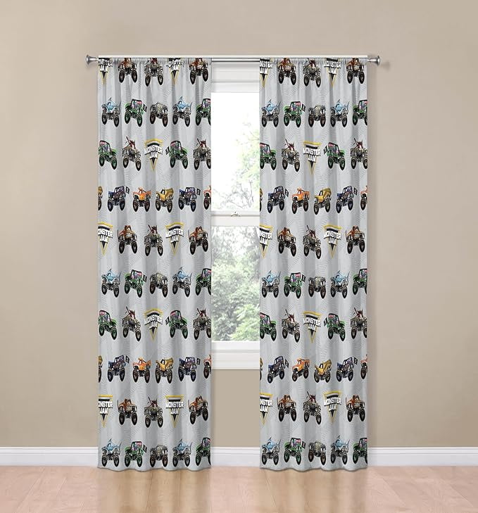 Monster Jam 4 Life 2 Panel Curtain Set. 84 Inch Long - Boys Bedroom Accessories