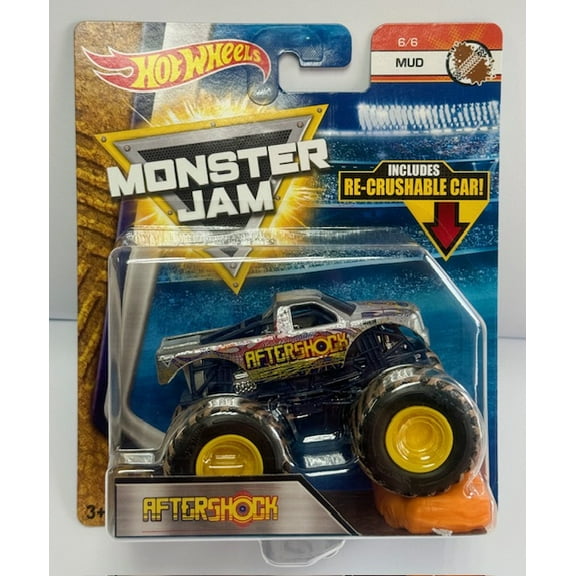 Monster Jam, Aftershock Monster Truck, Die Cast Vehicle, MUD 6/6, INCLUDES RE-CRUSHABLE CAR 1:64 Scale