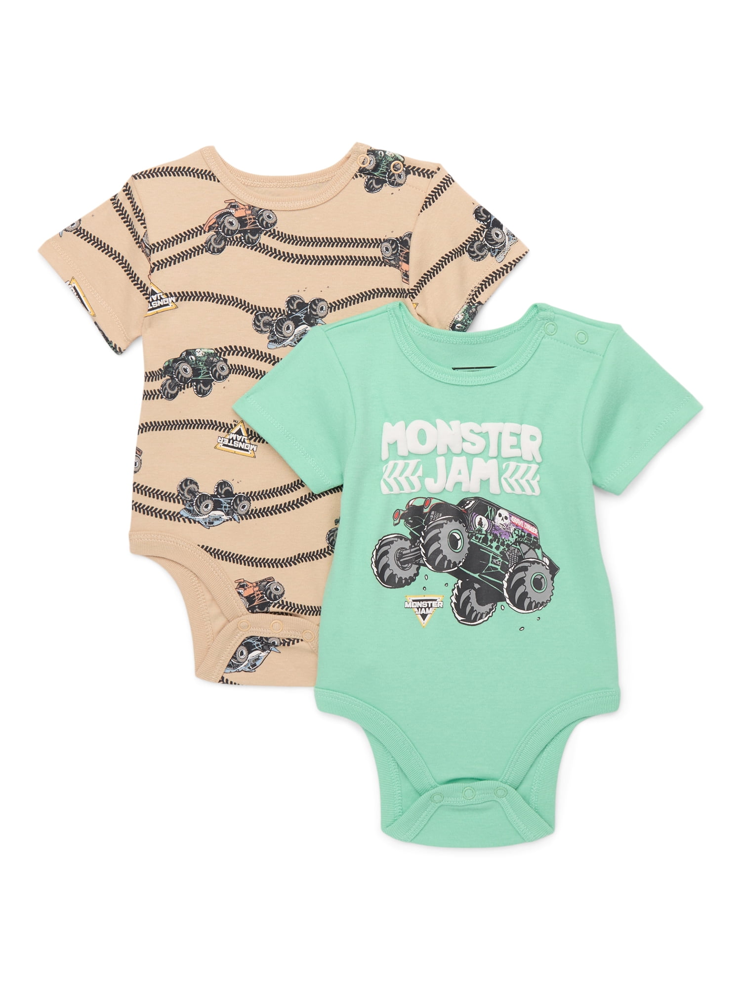 Monster Jam Baby Boys Graphic Bodysuits with Short Sleeves, 2-Pack, Sizes 0/3M-24M