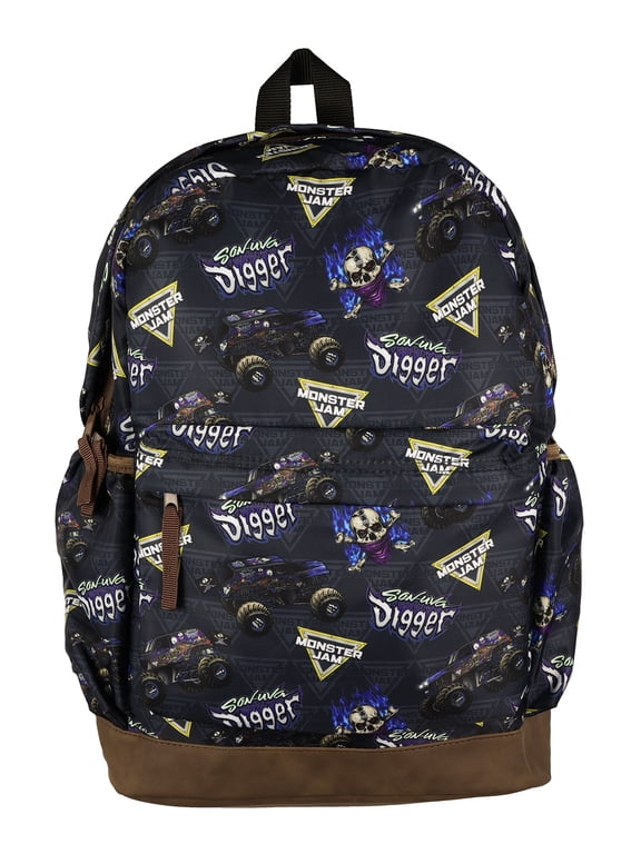 Monster Jam Backpack Allover Son-Uva Digger Print Design 16" Book Bag Adjustable Straps Bottom School Tech Sleeve