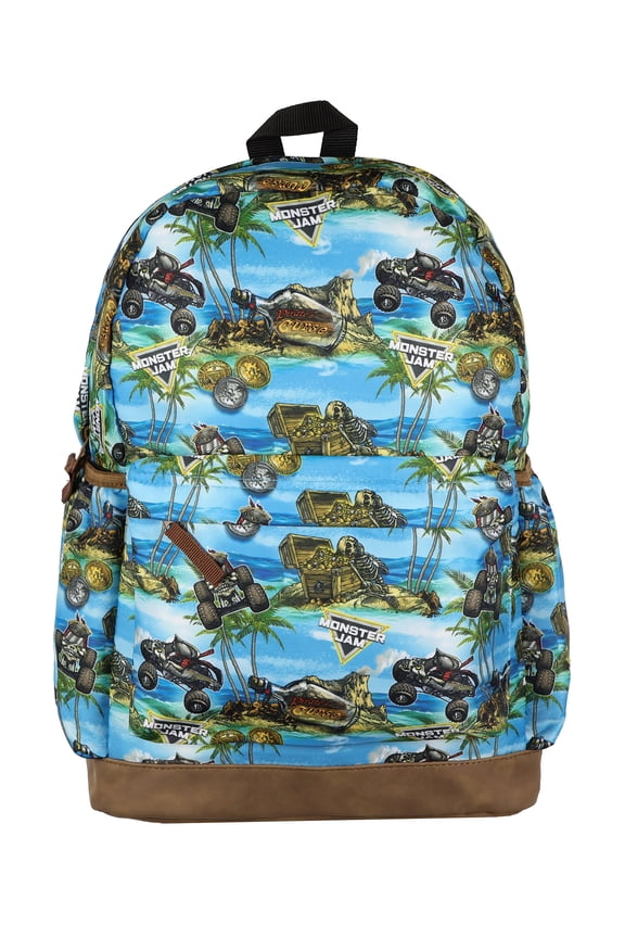 Monster Jam Backpack Pirate Curse All Over Design 16" Book Bag Tech Sleeve with Adjustable Shoulder Straps
