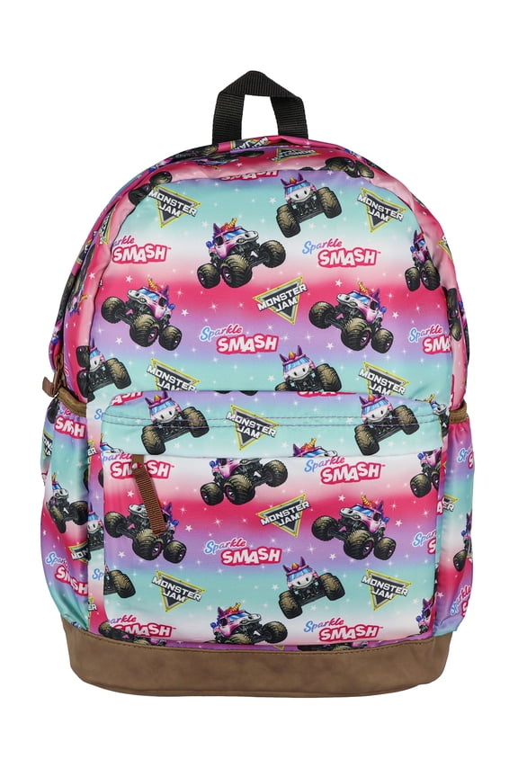 Monster Jam Backpack Sparkle Smash All Over Design 16" Book Bag Tech Sleeve Adjustable Shoulder Straps