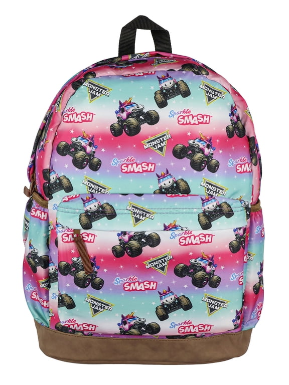Monster Jam Backpack Sparkle Smash All Over Design 16" Book Bag Tech Sleeve Adjustable Shoulder Straps