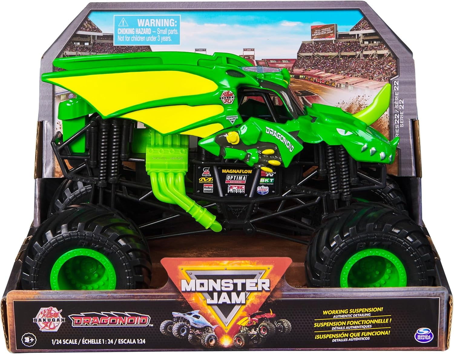 Monster Jam, Bakugan Dragonoid Monster Truck - Green, 1:24 Scale Die-Cast Vehicle-Chrome Rims and BKT Tread Tire for Playsets, Collectible for Fans & Birthday Parties, Kids Ages 3+