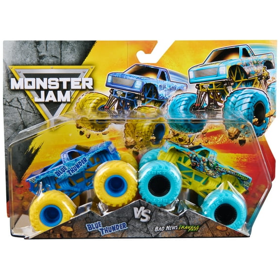 Monster Jam, Blue Thunder Vs. Bad News Travels Fast Die-Cast Monster Trucks, 1:64 Scale, Kids Toys for Boys Ages 3 and up