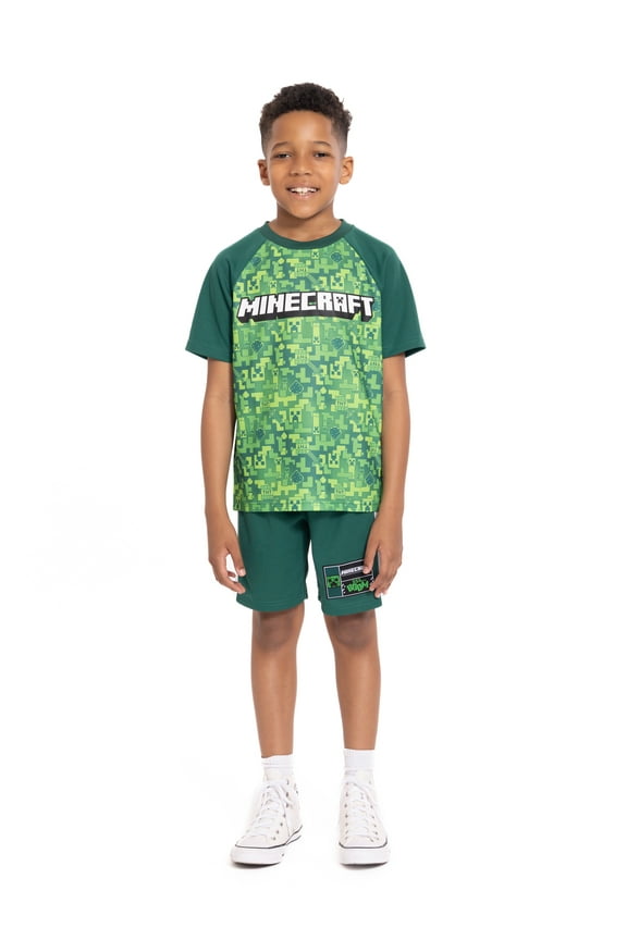 Minecraft Boys Active Printed Short Sleeve Tee and Matching Shorts, 2-Piece Set, Sizes 4-16
