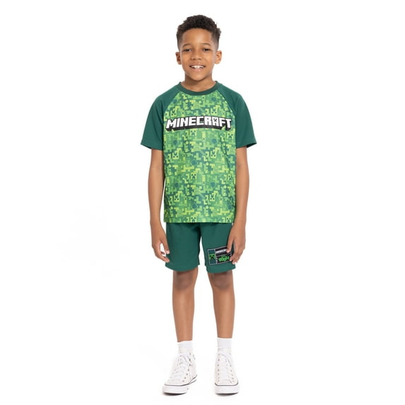 Minecraft Boys Active Printed Short Sleeve Tee and Matching Shorts, 2-Piece Set, Sizes 4-16