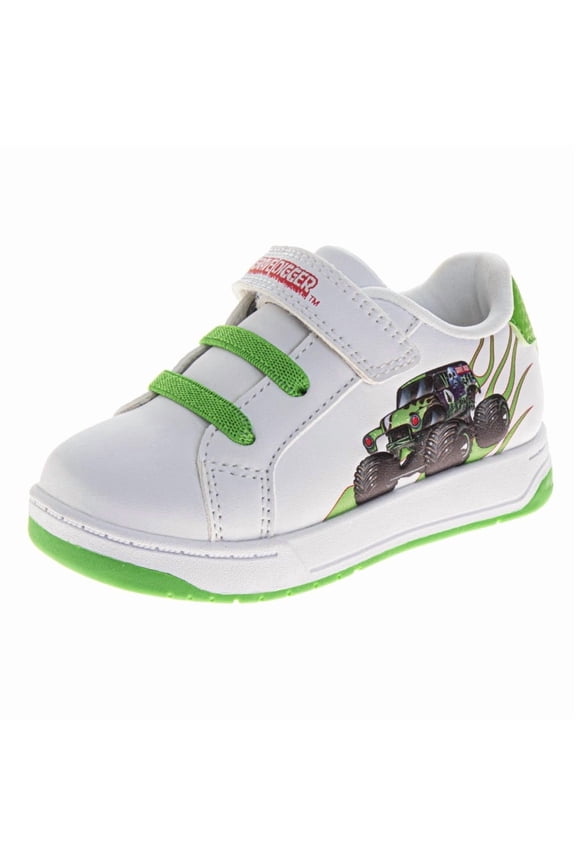 Monster Jam Boys Court Sneakers with Hook and Loop Closure (Little Kid), White Green, Size: 6