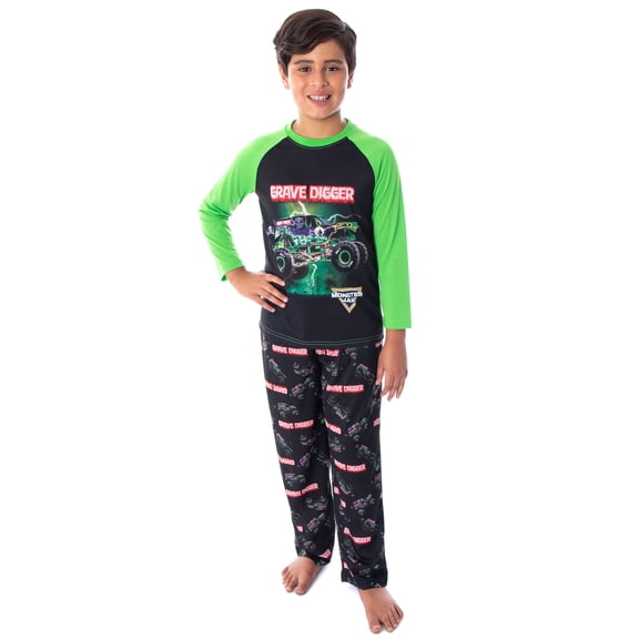 Monster Jam Boys' Grave Digger Monster Truck 2-Piece Raglan Long-Sleeve Shirt  Pajama Pant Set Lounge Sleepwear