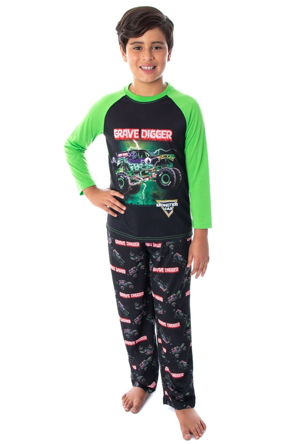Monster Jam Boys' Grave Digger Monster Truck 2-Piece Raglan Long-Sleeve Shirt  Pajama Pant Set Lounge Sleepwear
