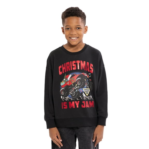 Monster Jam Boys Long Sleeve Holiday Graphic Crewneck, Sizes 4-18