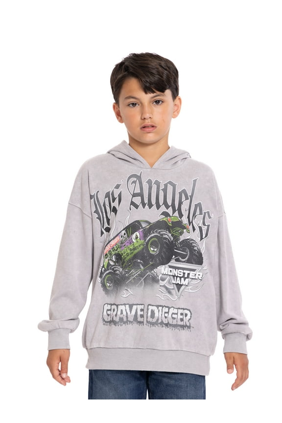 Monster Jam Boys' Grave Digger Graphic Mineral Wash Hoodie Sweatshirt with Long Sleeves, Sizes 4-18