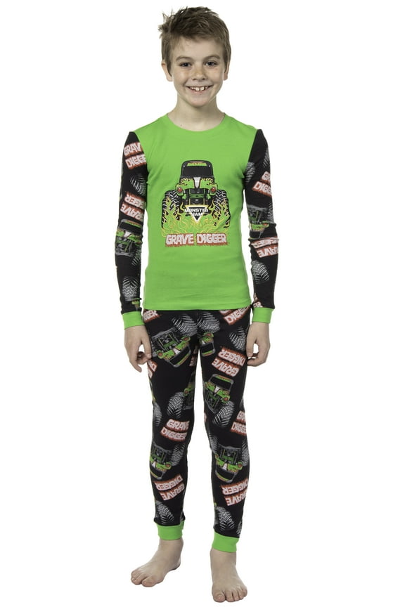 Monster Jam Boys' Truck Long Sleeve Grave Digger Tight Fit Sleep Pajama Set