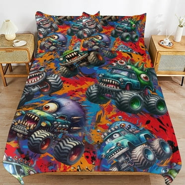 Monster Jam Duvet Cover Set, Soft Cozy Quilt Cover Bedding Set 3 Pieces, Comforter Cover with 2 Pillowcase for Teens Adults Kids 90"x90"