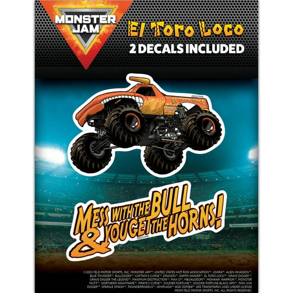Monster Jam El Toro Loco Decals - Set of 2 Orange Monster Truck "Mess With The Bull & You Get The Horns!" Vinyl Stickers for Car, Water Bottle, Laptop, Luggage, Toy Truck