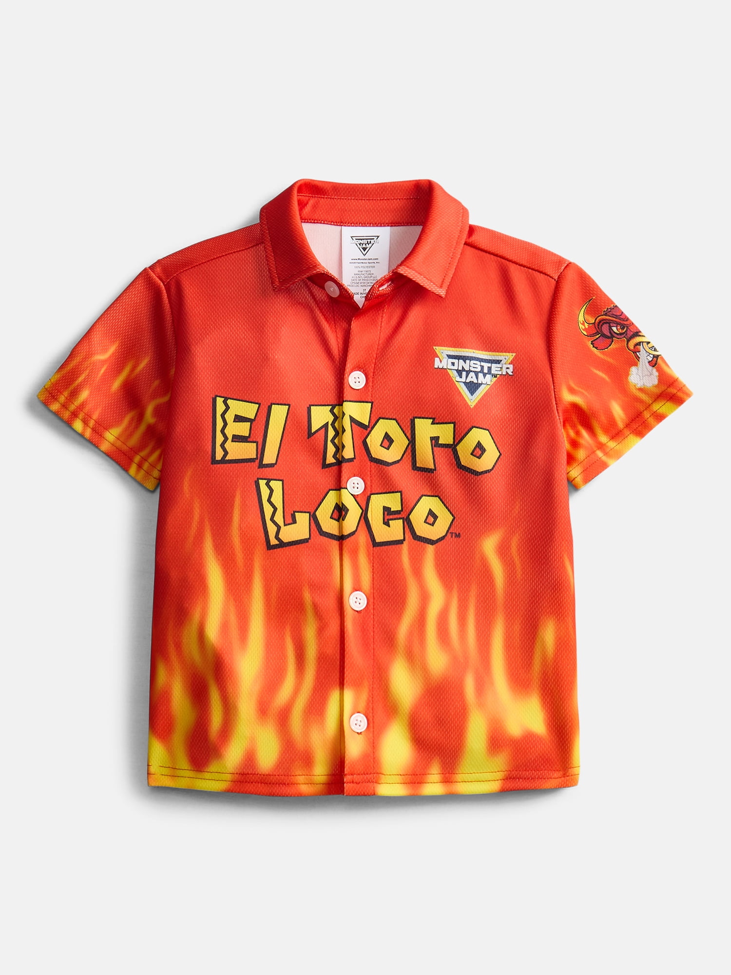 Monster Jam El Toro Loco Toddler Boys Button Shirt with Short Sleeves, Sizes 12M-5T