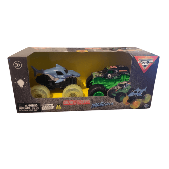 Monster Jam GRAVE DIGGER & MEGALODON 2pk Light-Up Mini Monster Trucks 1:43 Scale