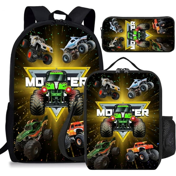 Monster Jam Grave Digger 3Pcs Game Backpack Set, 17Inch Daypack with Lunch Box and Pencil Case, Casual Large Capacity College Laptop Bag Travel Gifts