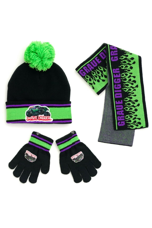 Grave Digger Beanie Scarf and Gloves 3 Piece Winter Accessory Set Newborn to One Size