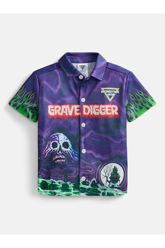 Grave Digger Boys Button Shirt with Short Sleeves, Sizes 4-16