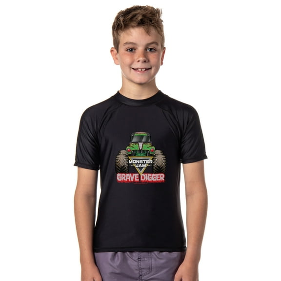 Monster Jam Grave Digger Boys' Short-Sleeve Swimsuit Rashguard Shirt Top