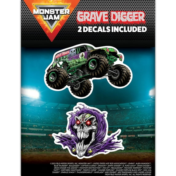 Monster Jam Grave Digger Decals - Set of 2 Grave Digger Monster Truck Skull Vinyl Stickers for Car, Water Bottle, Laptop, Luggage, Toy Truck
