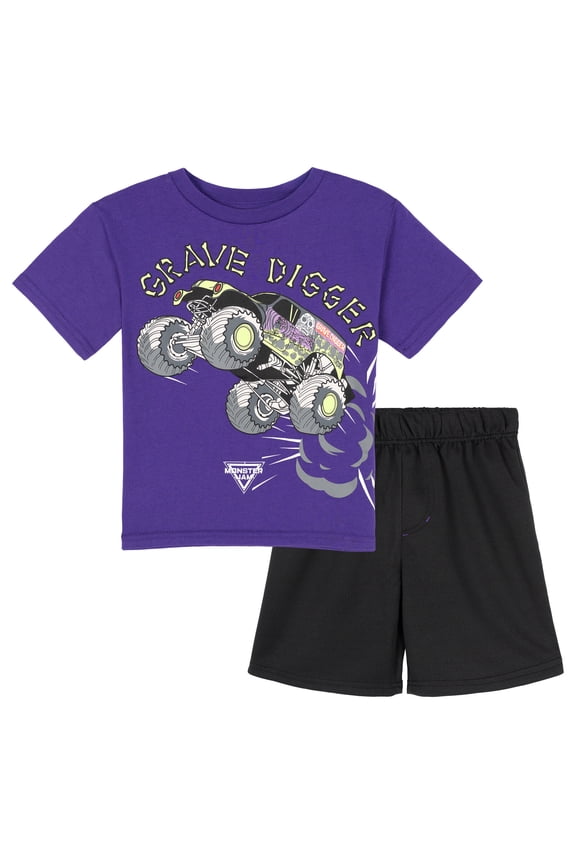 Toddler Boys' Athletic 2-Piece T-Shirt and Shorts Set Grave Digger Purple